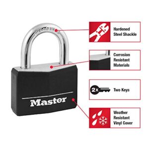 Master Lock Black Covered Aluminum Padlock, Gym Locker Lock with Key for Indoor or Outdoor Use with Vinyl Weather Resistant Cover, 141D