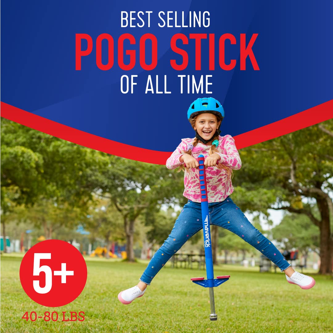 Flybar Maverick Pogo Stick for Kids Ages 5+, 40 to 80 Pounds, Perfect for Beginners, Easy Grip Handles, Anti-Slip Pegs, Outdoor Toys for Boys, Jumper Toys for Girls, Outside Toys for Kids (Red/Blue)