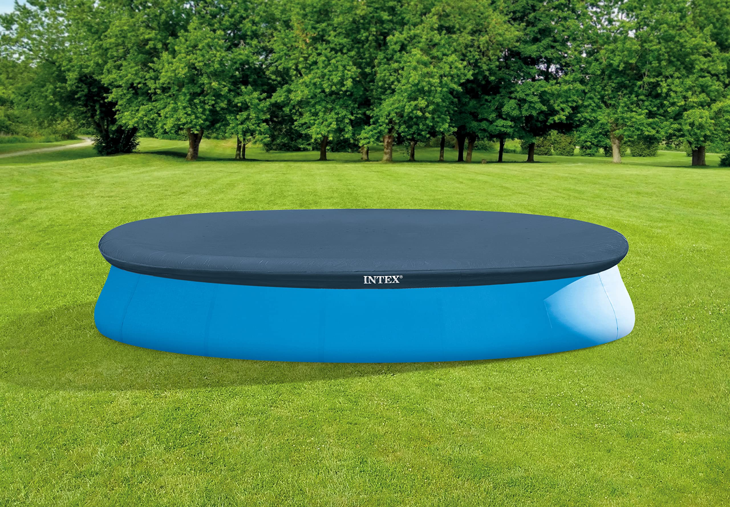 INTEX 28023E Pool Cover: For 15ft Round Easy Set Pools – Includes Rope Tie – Drain Holes – 12in Overhang – Snug Fit