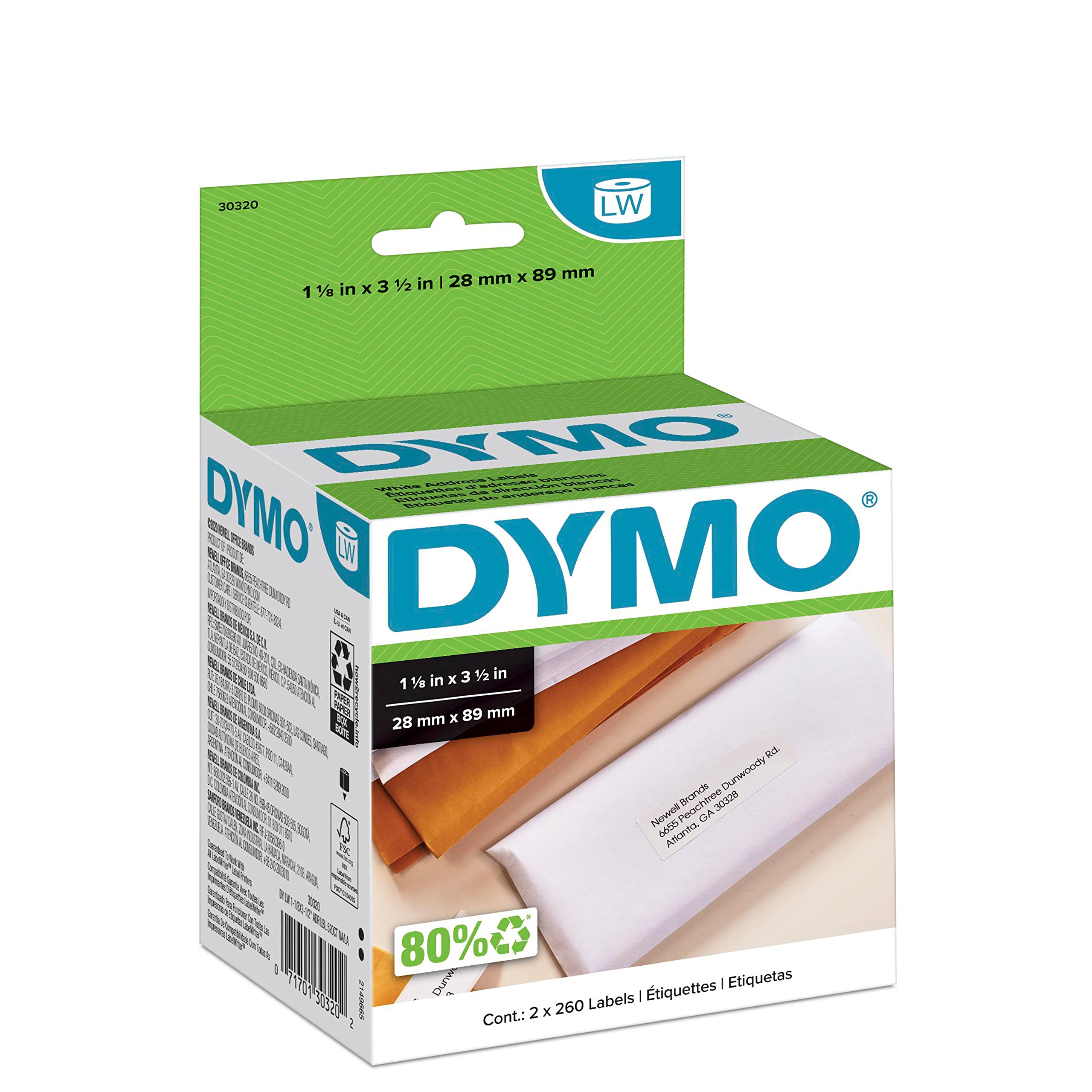 DYMO LW Mailing Address Labels for LabelWriter Label Printers, White, 1-1/8'' x 3-1/2'', 2 Rolls of 260