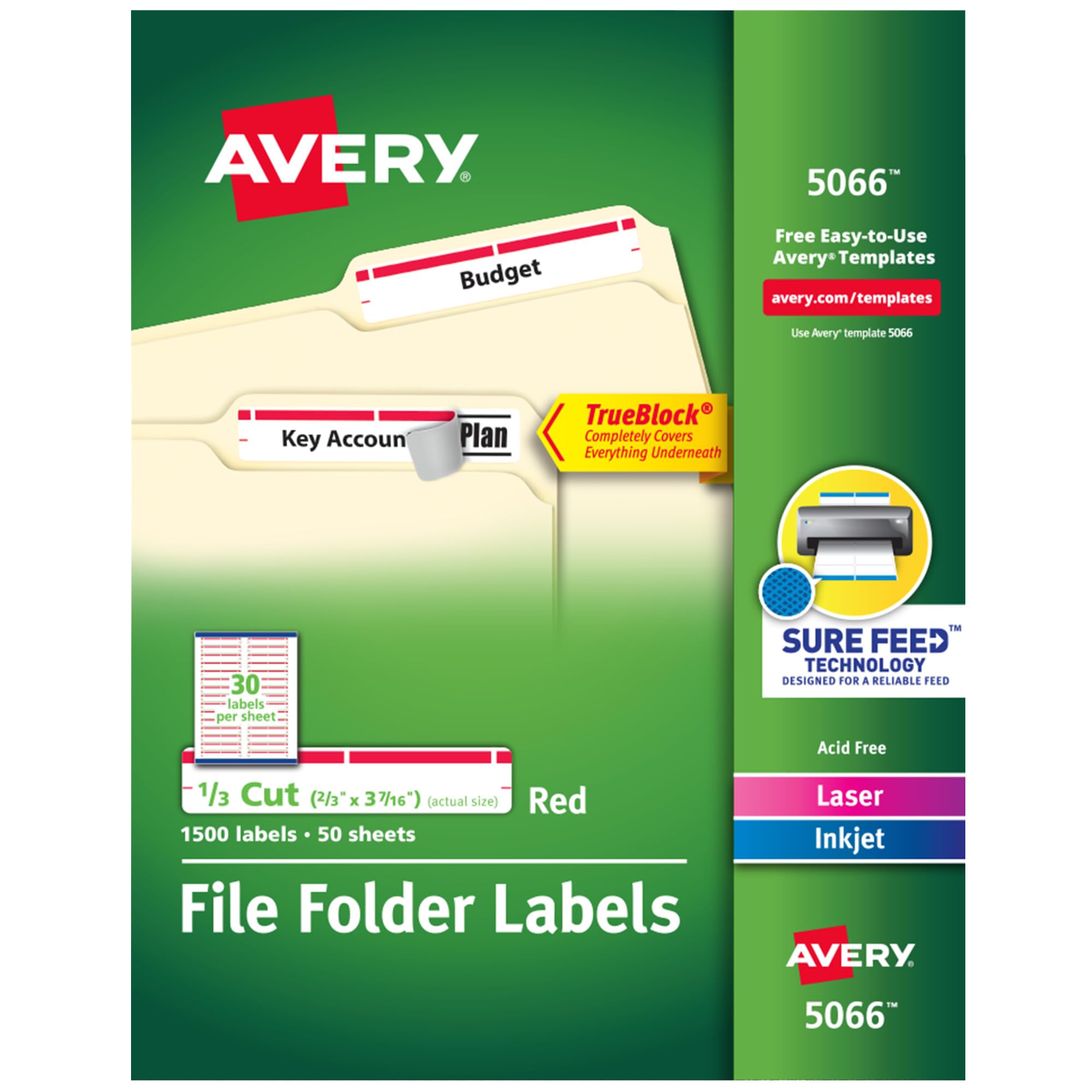 Avery TrueBlock File Folder Labels, 2/3" x 3-7/16", 1,500 Printable Labels, White/Red, Permanent (5066)