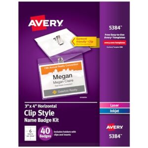 avery customizable name badges with clips, 3" x 4", clear name tag holders with white printable inserts, 40 clip style name badges (5384)