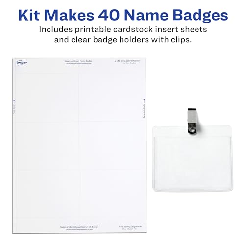 Avery Customizable Name Badges with Clips, 3" x 4", Clear Name Tag Holders with White Printable Inserts, 40 Clip Style Name Badges (5384)