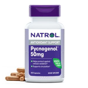 natrol pycnogenol capsules, antioxidant protection, supplement protects against cellular oxidation and age-related damage, european maritime pine bark extract, supports circulation, 50 mg, 60 count