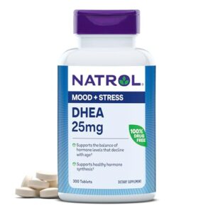 Natrol Mood & Stress DHEA 25mg With Calcium, Dietary Supplement for Balance of Certain Hormone Level and Mood Support, 300 Tablets, 300 Day Supply