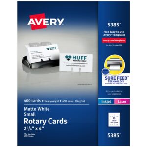 printable rotary cards with sure feed technology, 2-1/6" x 4", white, 400 blank cards for laser or inkjet printers (05385)