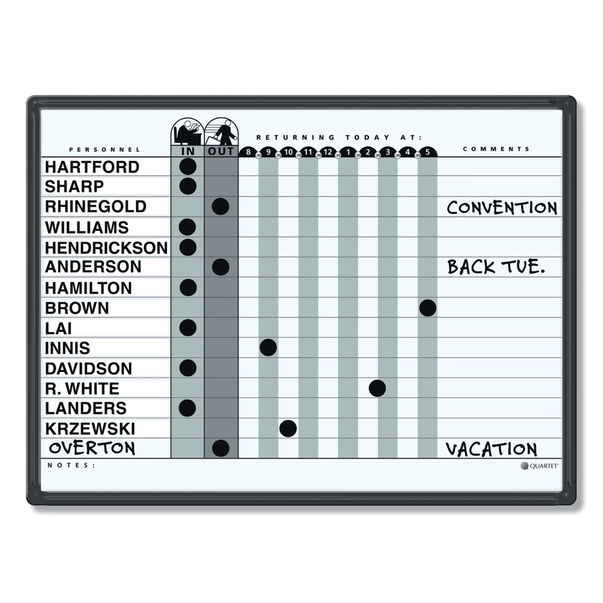 Quartet Grey DuraMax Porcelain In/Out Personnel Board System, 15 Names, 18 x 24 Inches, Black Aluminum Frame (781G)