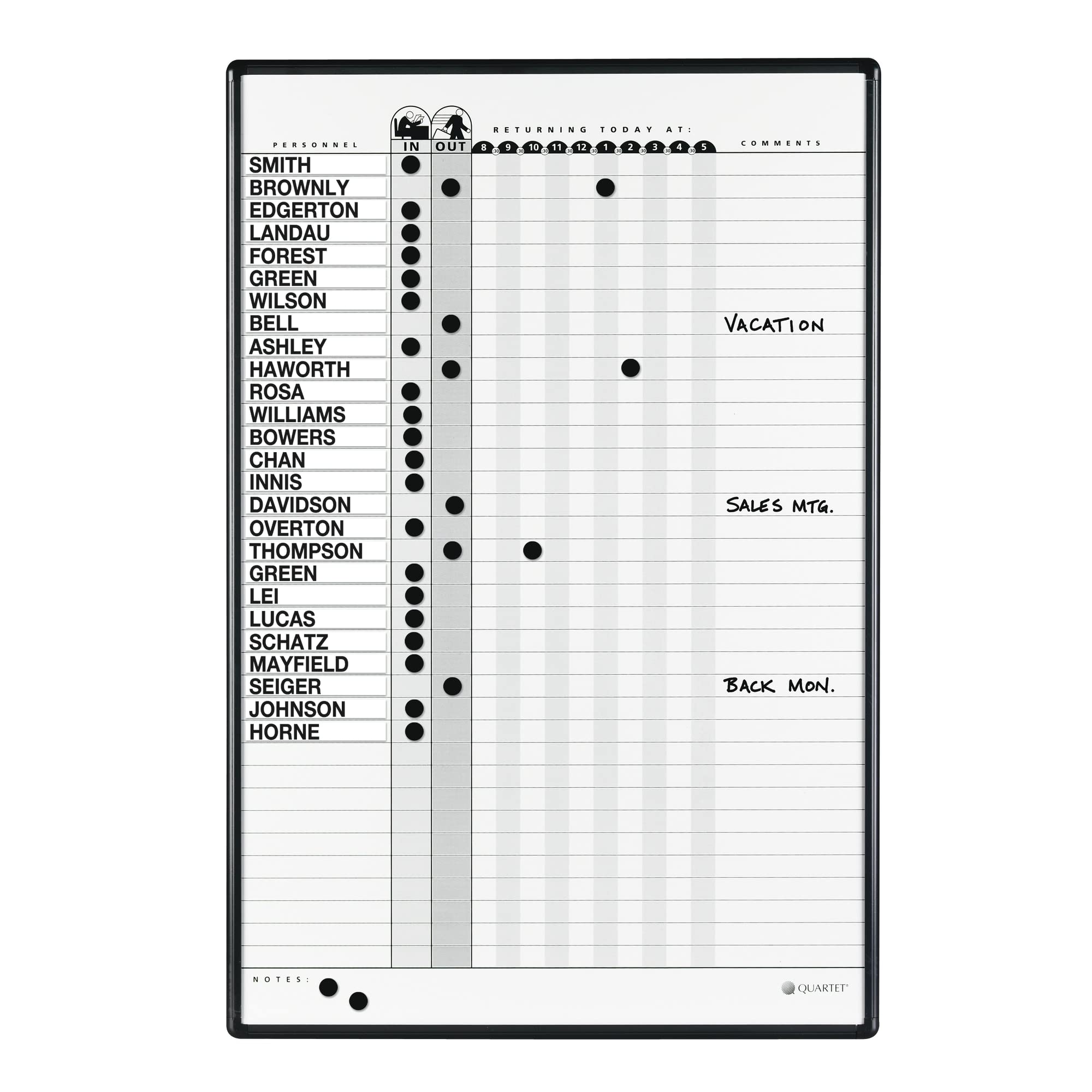 Quartet In/Out Board, Magnetic, 3' x 2', Duramax Porcelain Personnel System, 36 Names, Black Aluminum Frame (783G), 24 x 36", Gray