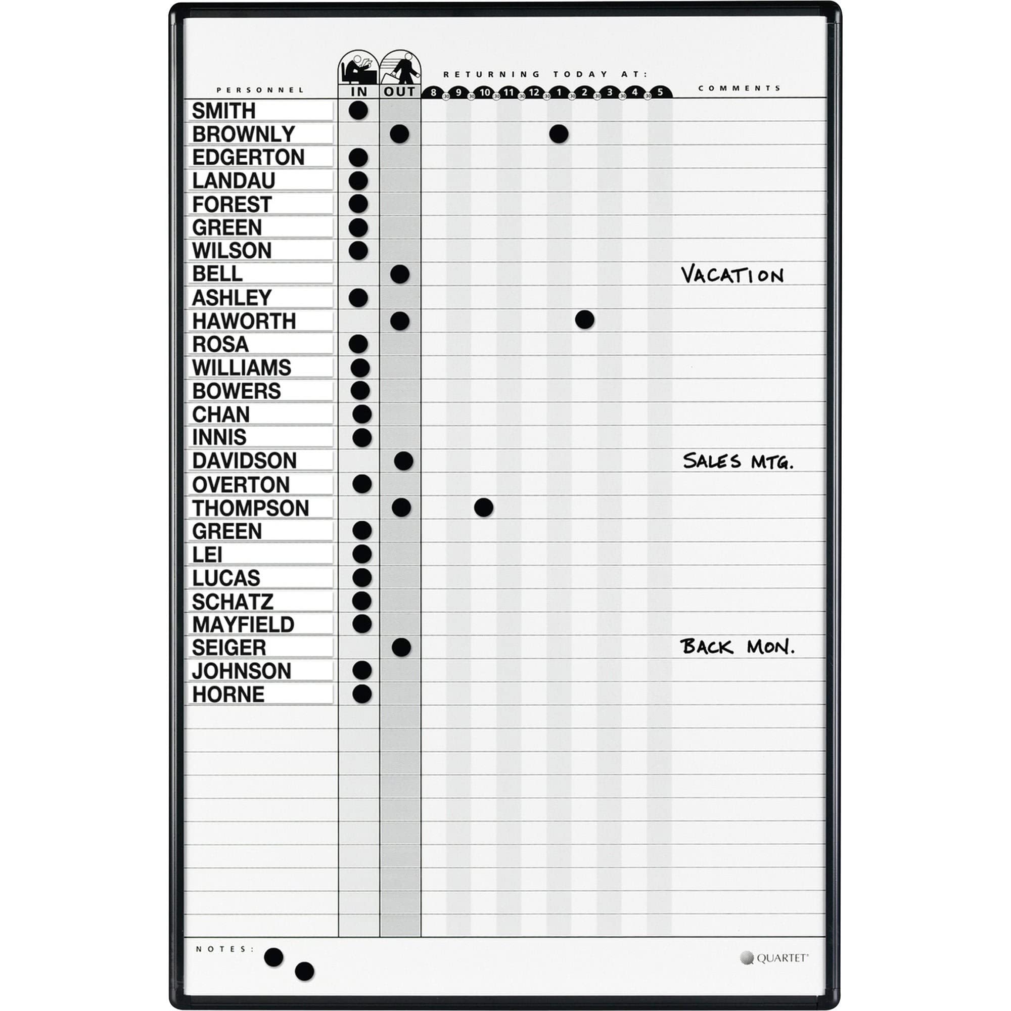 Quartet In/Out Board, Magnetic, 3' x 2', Duramax Porcelain Personnel System, 36 Names, Black Aluminum Frame (783G), 24 x 36", Gray