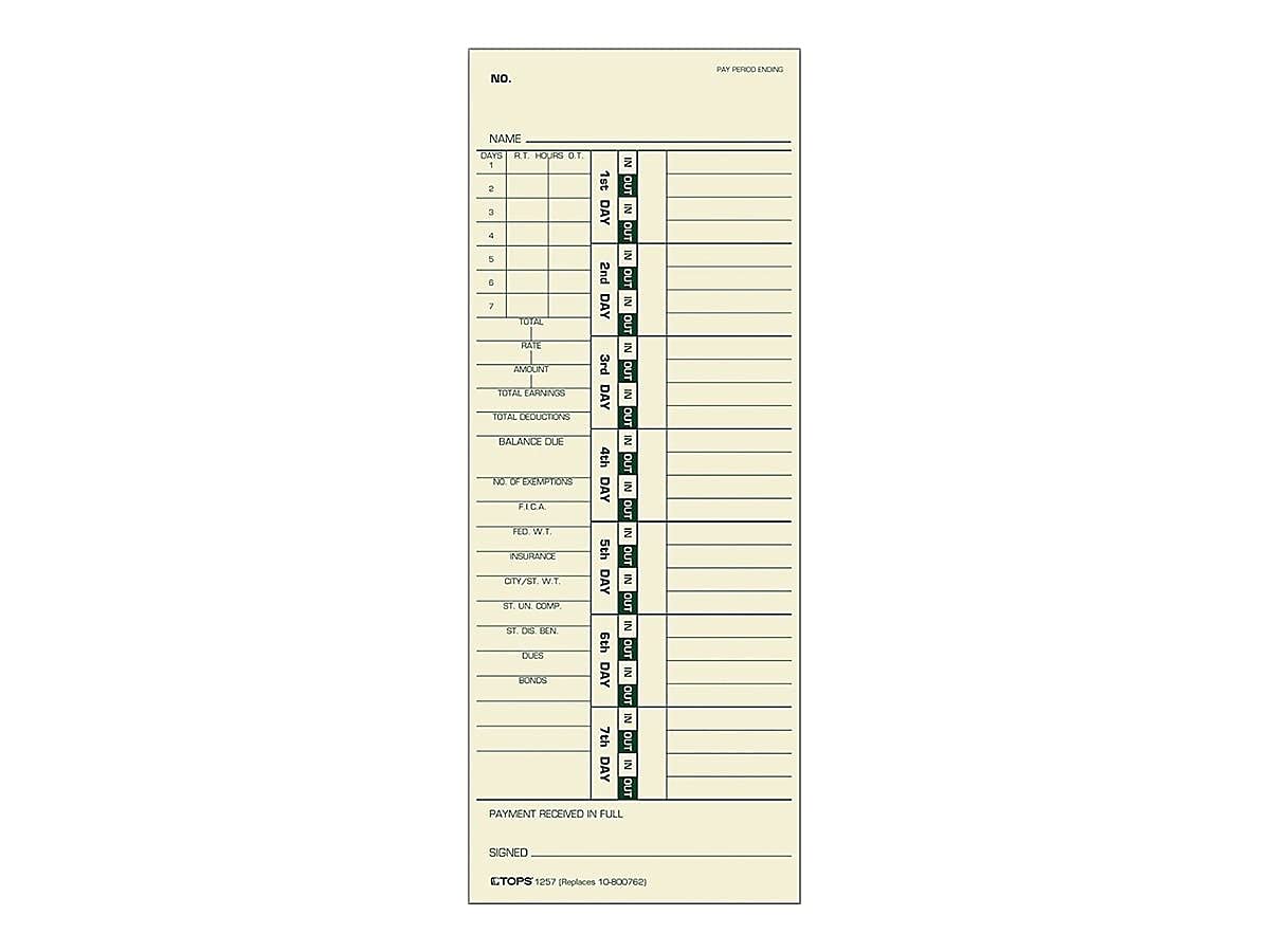 TOPS 1257 Time Card for Acroprint/Simplex, Weekly, Two-Sided, 3 1/2 x 9 (Box of 500)