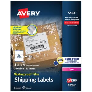 avery waterproof printable shipping labels with sure feed, 3-1/3" x 4", white, 300 blank mailing labels (5524)