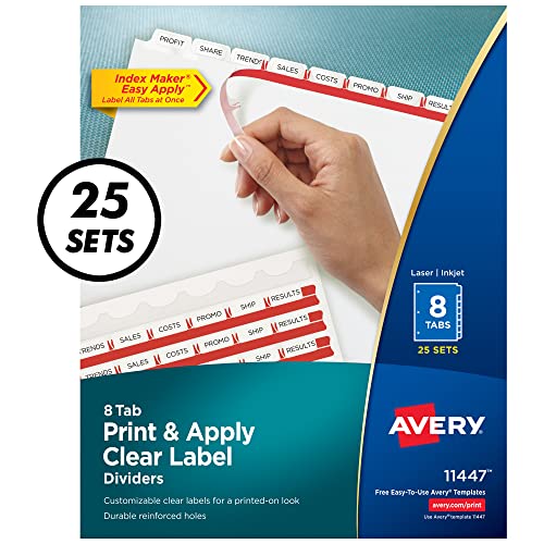 Avery 8-Tab Binder Dividers, Easy Print & Apply Clear Label Strip, Index Maker, White Tabs, 25 Sets (11447)