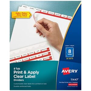 avery 8-tab binder dividers, easy print & apply clear label strip, index maker, white tabs, 25 sets (11447)