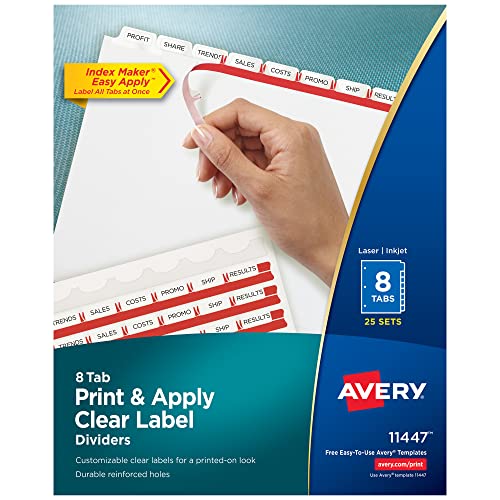 Avery 8-Tab Binder Dividers, Easy Print & Apply Clear Label Strip, Index Maker, White Tabs, 25 Sets (11447)