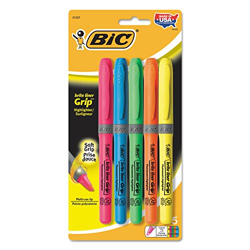 BIC Brite Liner Grip Highlighter, Chisel Tip, Assorted Colors, 5-Count