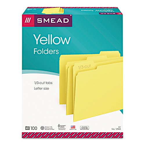 Smead Colored File Folder, 1/3-Cut Tab, Letter Size, Yellow, 100 per Box (12943)