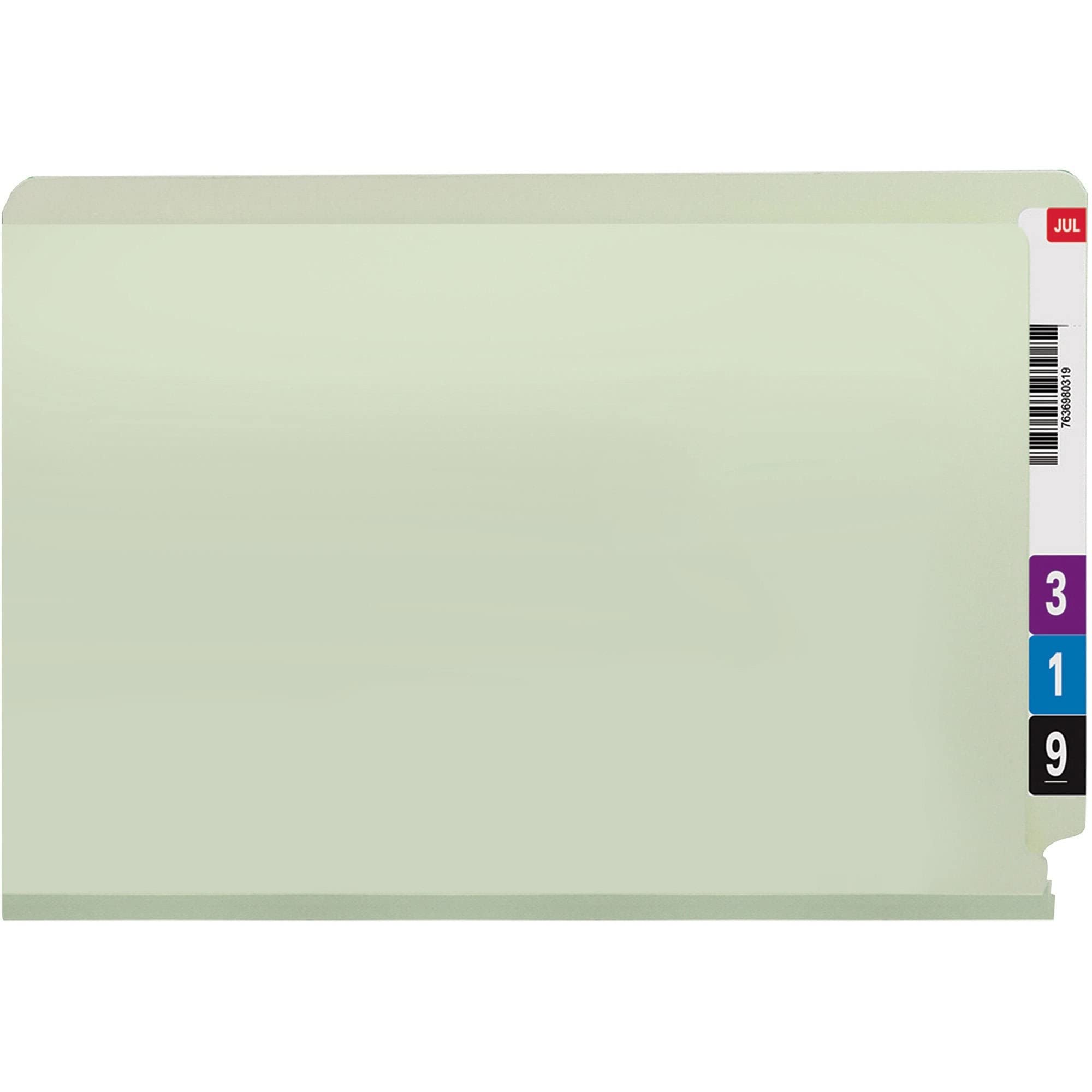 Smead End Tab Pressboard Fastener File Folder with SafeSHIELD Fasteners, 2 Fasteners, 2" Expansion, Legal Size, Gray/Green, 25 per Box (37715)