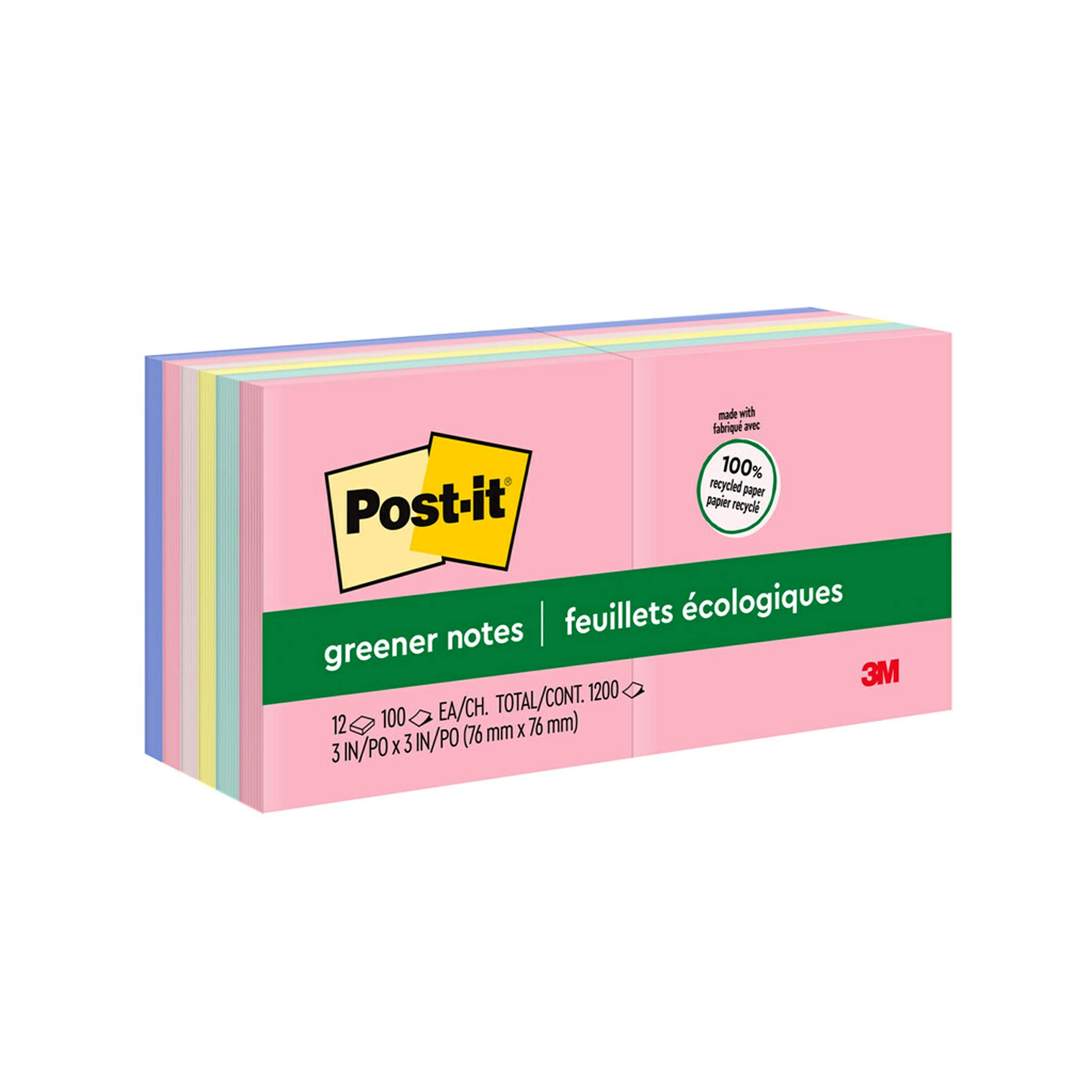 3M 654RPA Post-It Greener Notes, 3 x 3, 100 Shts/Pad, Helsinki Colors, 12/Pack