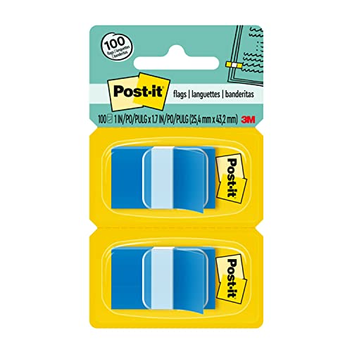 Post-it Flags, 50/Dispenser, 2 Dispensers/Pack, 1 in Wide, Bright Blue (680-BB2)