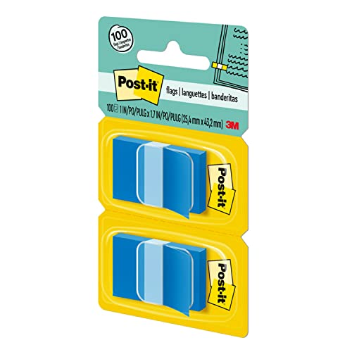 Post-it Flags, 50/Dispenser, 2 Dispensers/Pack, 1 in Wide, Bright Blue (680-BB2)