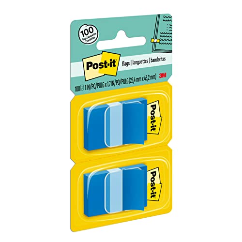 Post-it Flags, 50/Dispenser, 2 Dispensers/Pack, 1 in Wide, Bright Blue (680-BB2)