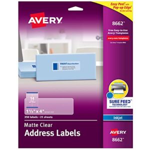 Avery Printable Address Labels with Sure Feed, Matte Clear, 1-1/3" x 4", 350 Mailing Labels (08662)