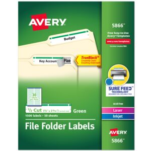 avery green file folder labels for laser and inkjet printers with trueblock technology, 2/3 inches x 3-7/16 inches, box of 1500 (5866)