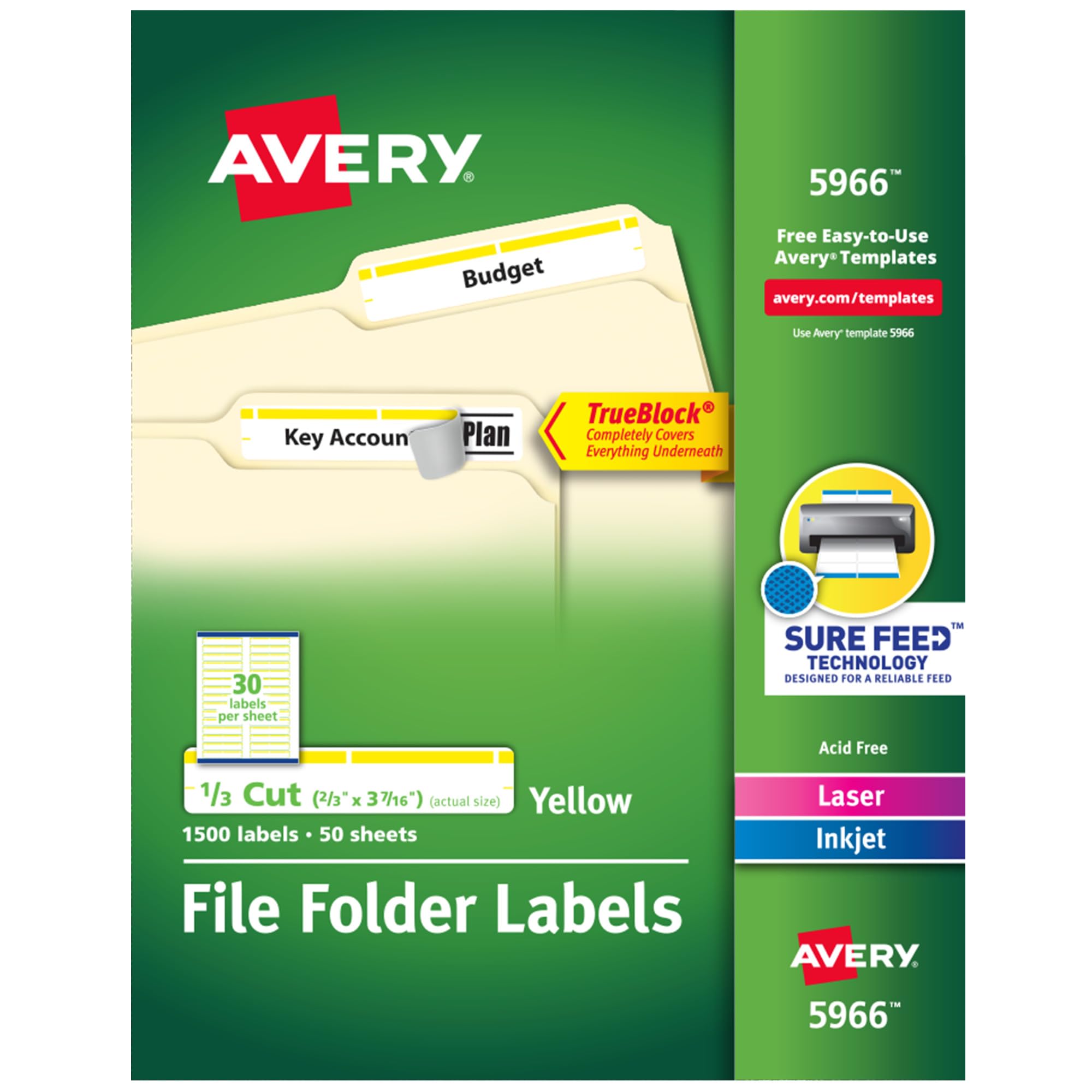 Avery TrueBlock File Folder Labels, 2/3" x 3-7/16", 1,500 Printable Labels, White/Yellow, Permanent (5966)