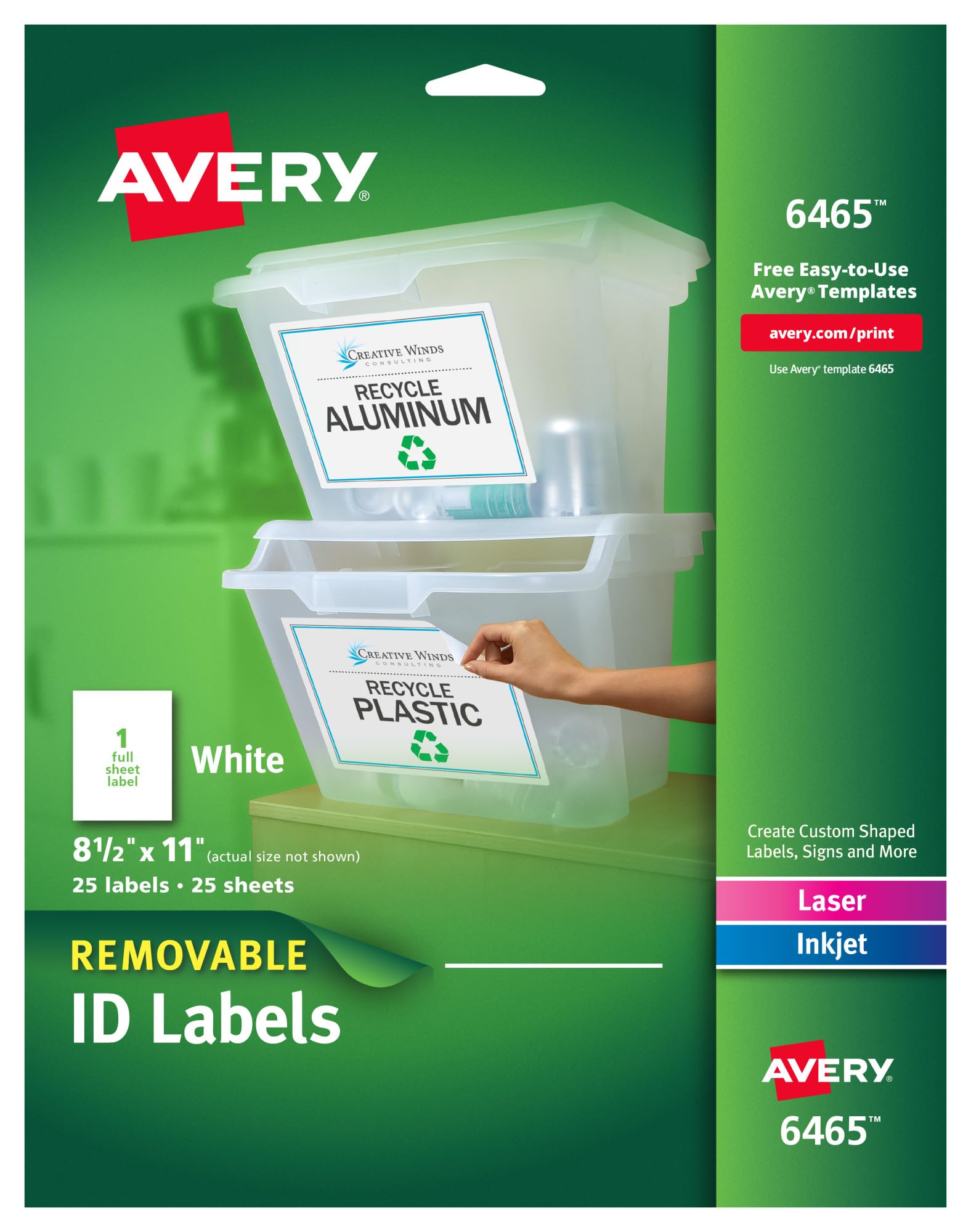 Avery Self-Adhesive Removable Laser Id Labels, White, 8.5 x 11 inches, 25 per Pack (6465)