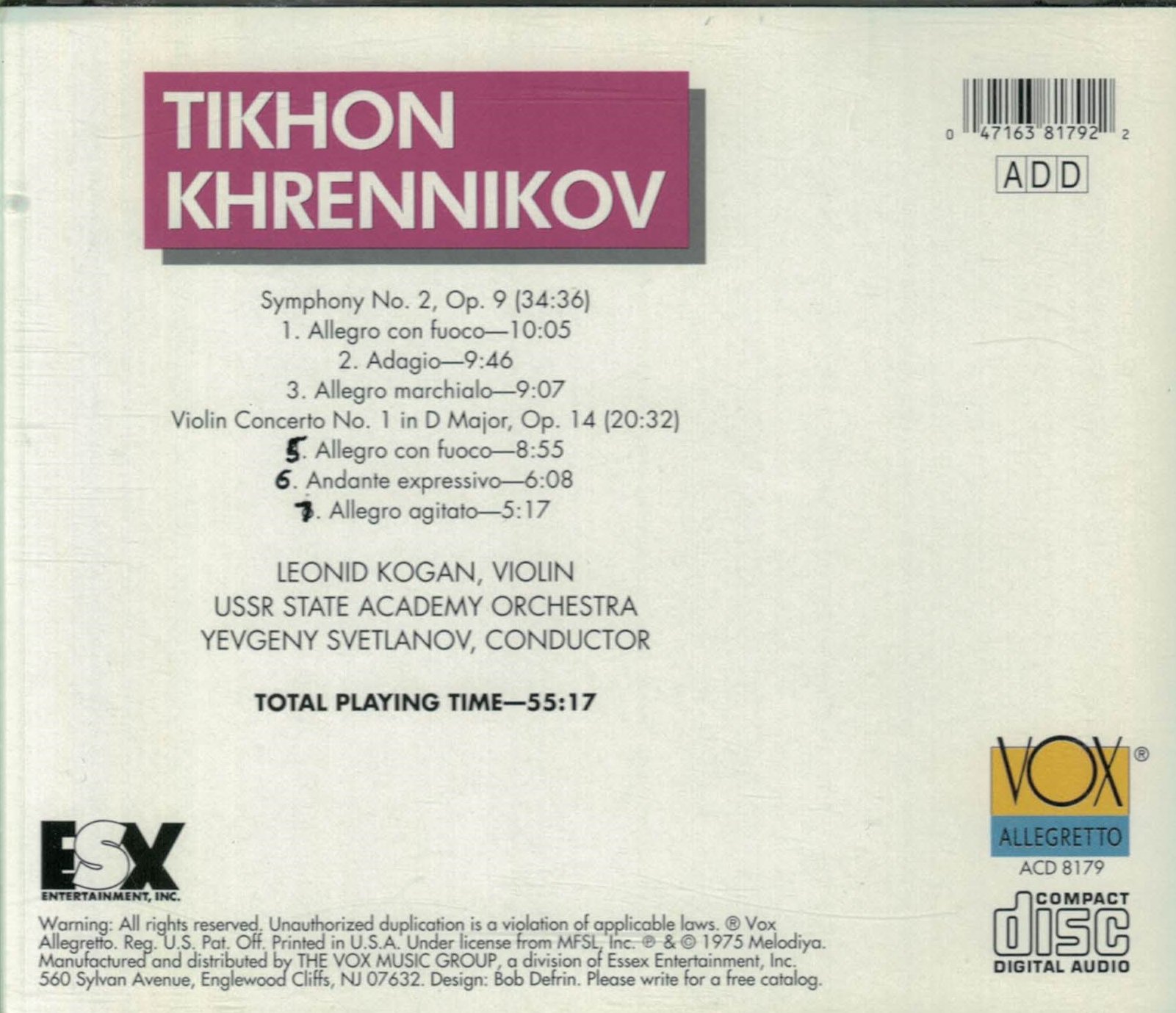 Khrennikov: Symphony No. 2, Op. 9 / Violin Concerto No. 1 in D, Op. 14