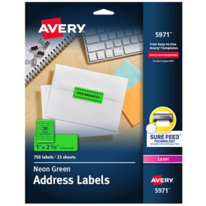 avery printable address labels with sure feed, 1" x 2-5/8", neon green, 750 blank mailing labels (5971)
