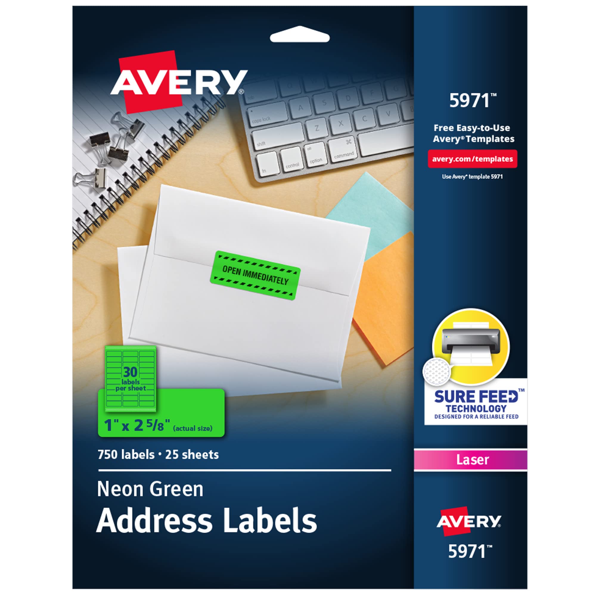 Avery Printable Address Labels with Sure Feed, 1" x 2-5/8", Neon Green, 750 Blank Mailing Labels (5971)