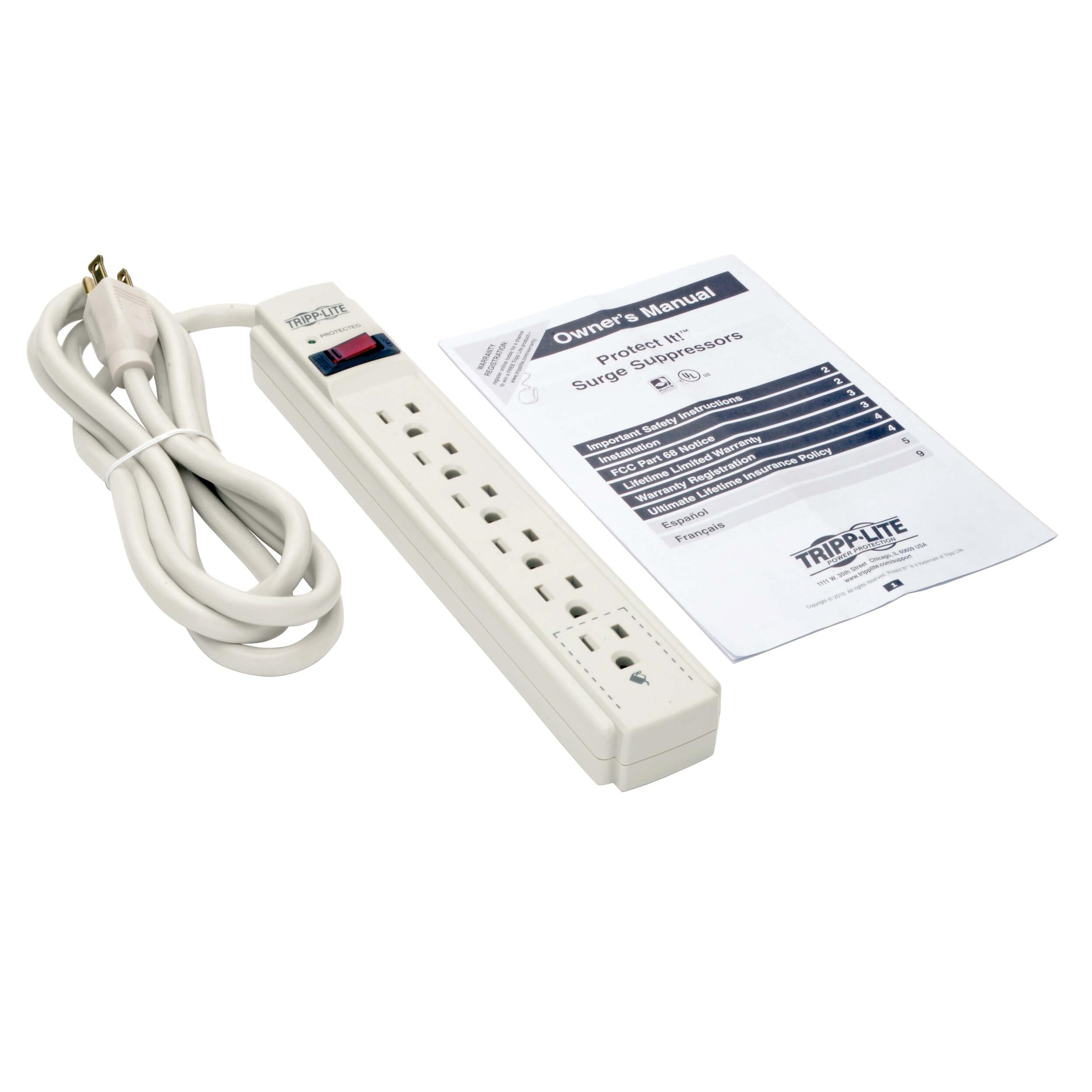 Tripp Lite 6 Outlet Surge Protector Power Strip 6ft Cord 790 Joules LED & INSURANCE (TLP606) Gray