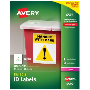 avery durable white cover up id labels for laser printers, 8.5" x 11", pack of 50 (6575)