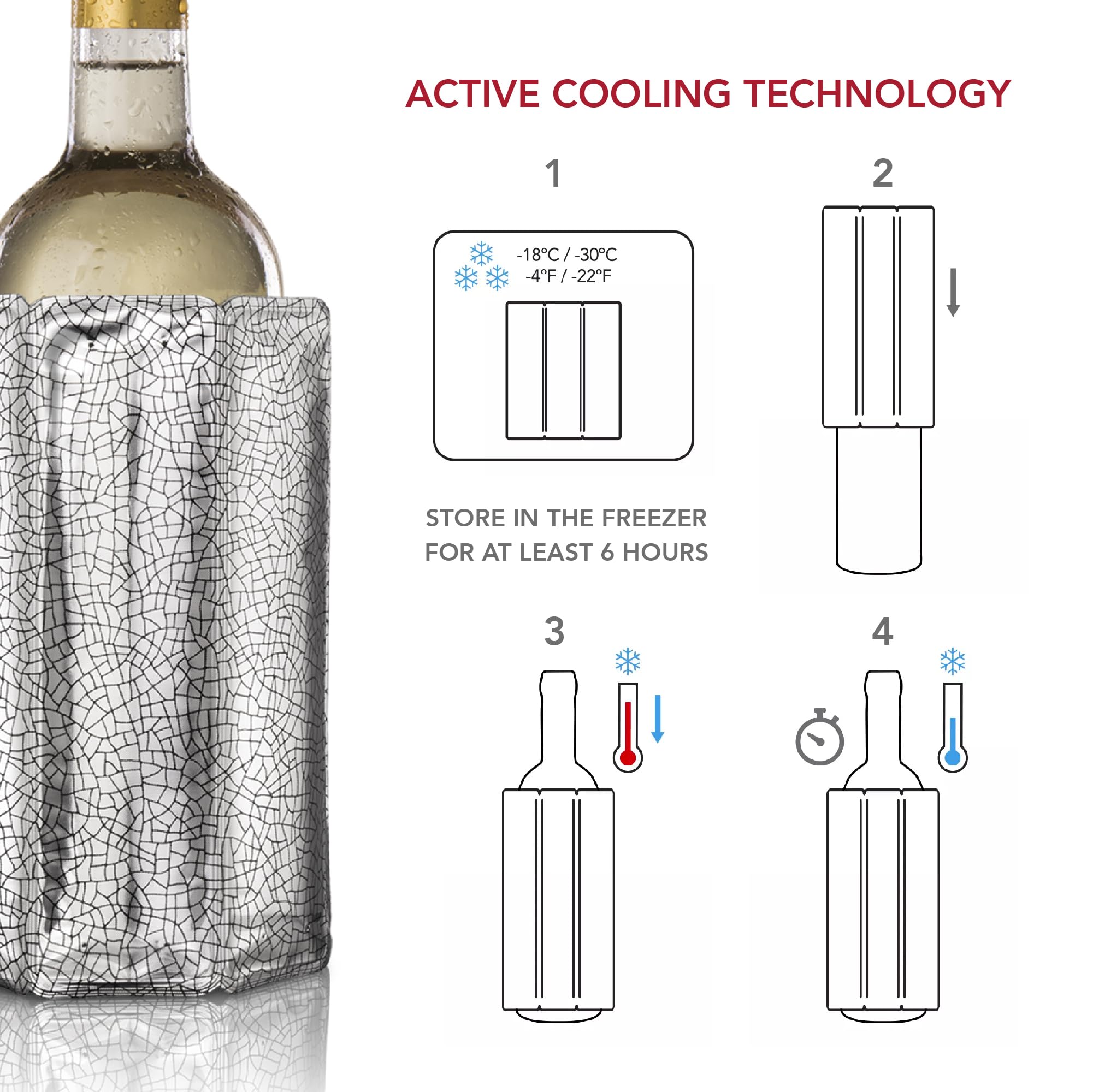 Vacu Vin Active Cooler Wine Chiller - Reusable, Flexible Wine Bottle Cooler - Silver - Wine Cooler Sleeve For Standard Size Bottles - Insulated Wine Bottle Chiller to Keep Wine Cold and Refreshing