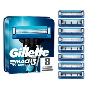 gillette mach3 turbo razor blades men, pack of 8 razor blade refills, stronger than steel blades, enhanced lubrastrip