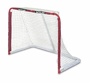 mylec steel junior hockey goal for indoor + outdoor (52” x 43”), easy assembly, lightweight, portable, and net weave system (red, 17 pounds)