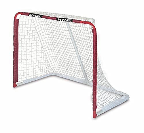 Mylec Steel Junior Hockey Goal for Indoor + Outdoor (52” x 43”), Easy Assembly, Lightweight, Portable, and Net Weave System (Red, 17 Pounds)