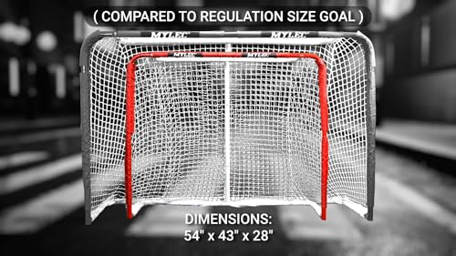 Mylec Steel Junior Hockey Goal for Indoor + Outdoor (52” x 43”), Easy Assembly, Lightweight, Portable, and Net Weave System (Red, 17 Pounds)