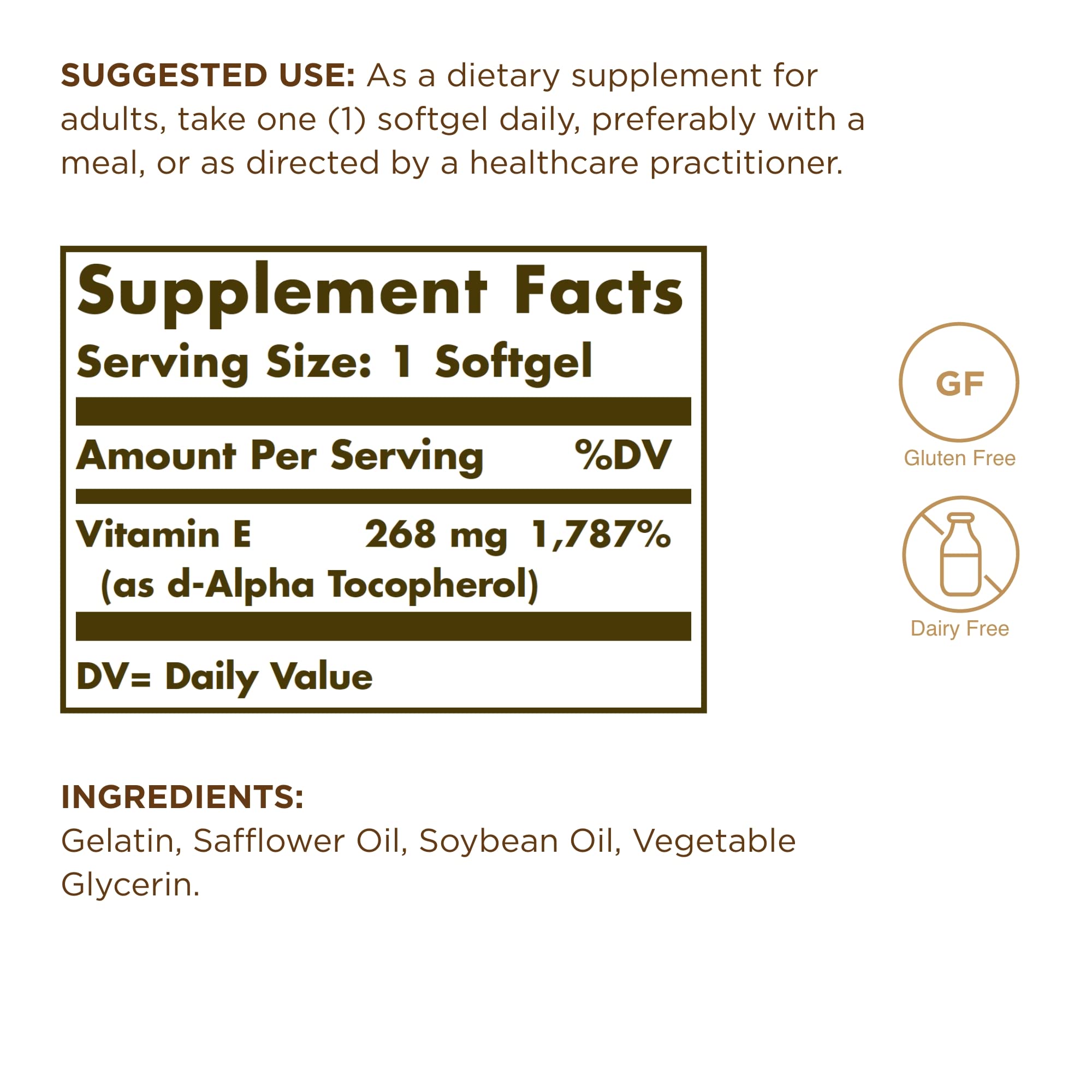 SOLGAR Vitamin E 268 mg (400 IU) - 250 Softgels - Naturally-Sourced Vitamin E as d-Alpha Tocopherol - Gluten Free, Dairy Free - 250 Servings