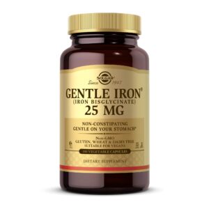 solgar gentle iron (iron bisglycinate) 25 mg - 180 vegetable capsules - non-constipating, gentle on your stomach - non-gmo, gluten free - 180 servings