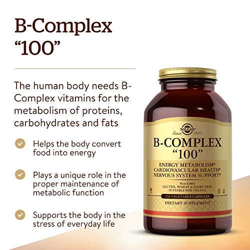 Solgar B-Complex "100", 250 Vegetable Capsules - Heart Health - Nervous System- Supports Energy Metabolism - Non-GMO, Vegan, Gluten / Dairy Free, Kosher, Halal - 250 Servings