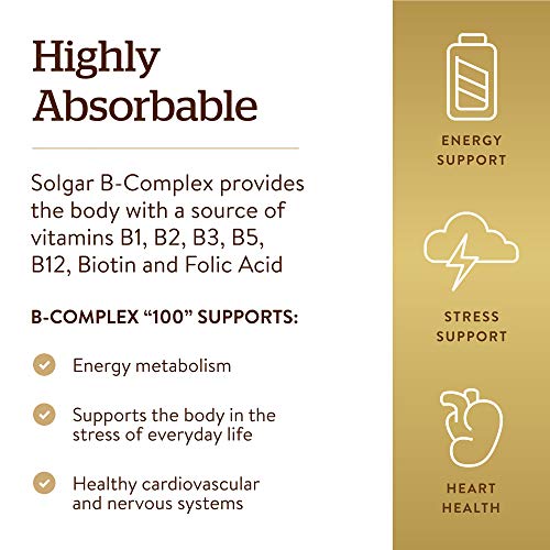 Solgar B-Complex "100", 250 Vegetable Capsules - Heart Health - Nervous System- Supports Energy Metabolism - Non-GMO, Vegan, Gluten / Dairy Free, Kosher, Halal - 250 Servings