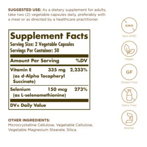 SOLGAR Dry Vitamin E with Yeast-Free Selenium - 100 Vegetable Capsules - Advanced Antioxidant Support - Non-GMO, Vegan, Gluten Free, Dairy Free, Kosher - 50 Servings