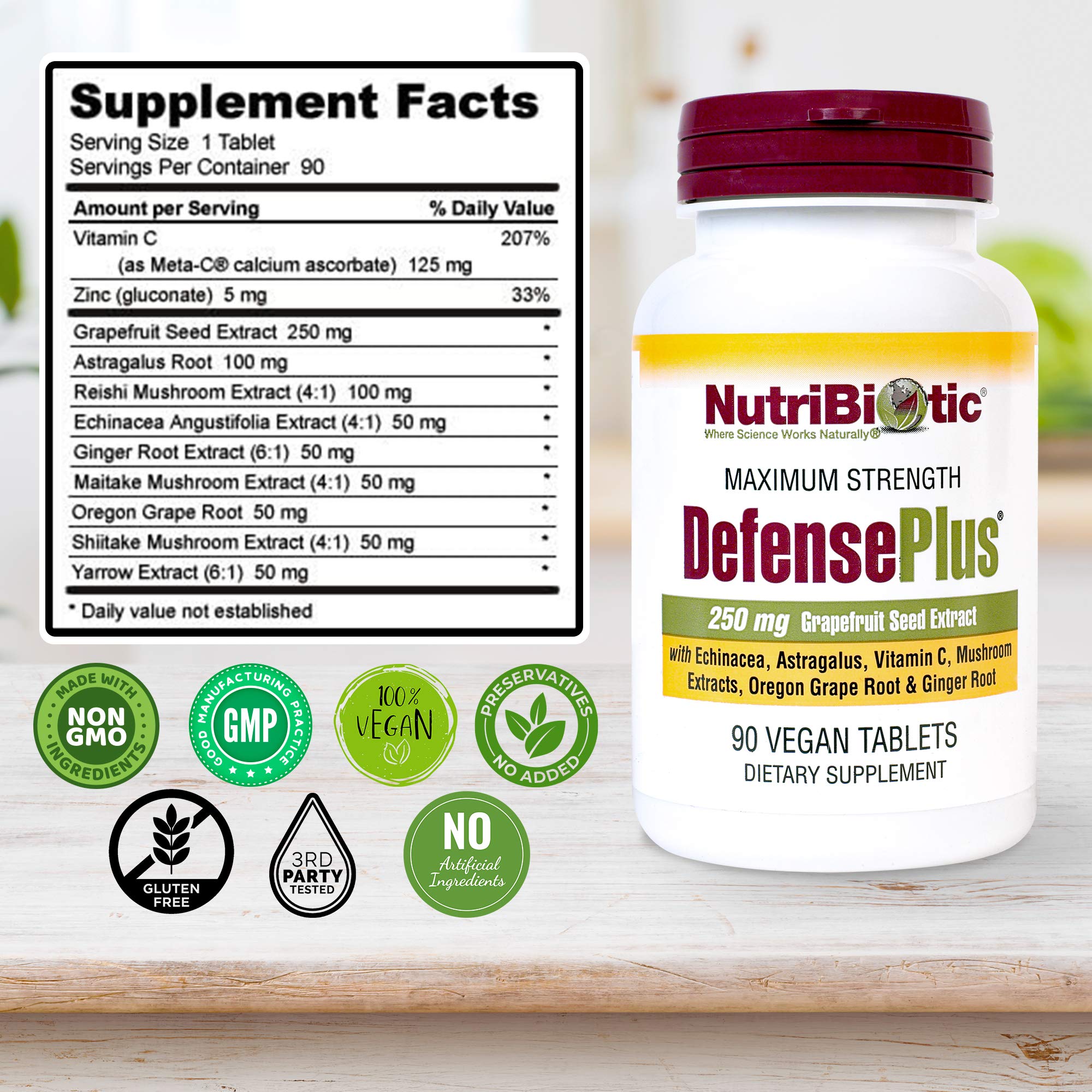 NutriBiotic – DefensePlus, 90 Tablets - 11 in 1 Immune Support with Vitamin C, Zinc, Grapefruit Seed Extract, Echinacea, Astragalus Root & Immune Boosting Extracts & Mushrooms - Vegan & Gluten Free