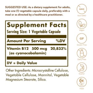 Solgar Vitamin B12 500 mcg Vegetable Capsules, Unflavored, 250 Count