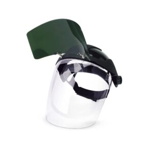 Sellstrom DP4 Face Shield - Lightweight Mask with High Impact Crown & Ratchet Headgear for Work, Grinding, Plasma/Flame Cutting - ANSI Z87.1 - Clear Anti Fog Polycarbonate Window -UV/IR Flip Up Visor