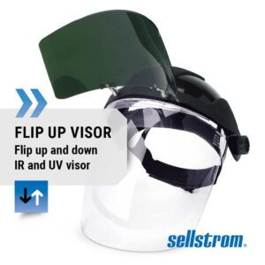 Sellstrom DP4 Face Shield - Lightweight Mask with High Impact Crown & Ratchet Headgear for Work, Grinding, Plasma/Flame Cutting - ANSI Z87.1 - Clear Anti Fog Polycarbonate Window -UV/IR Flip Up Visor