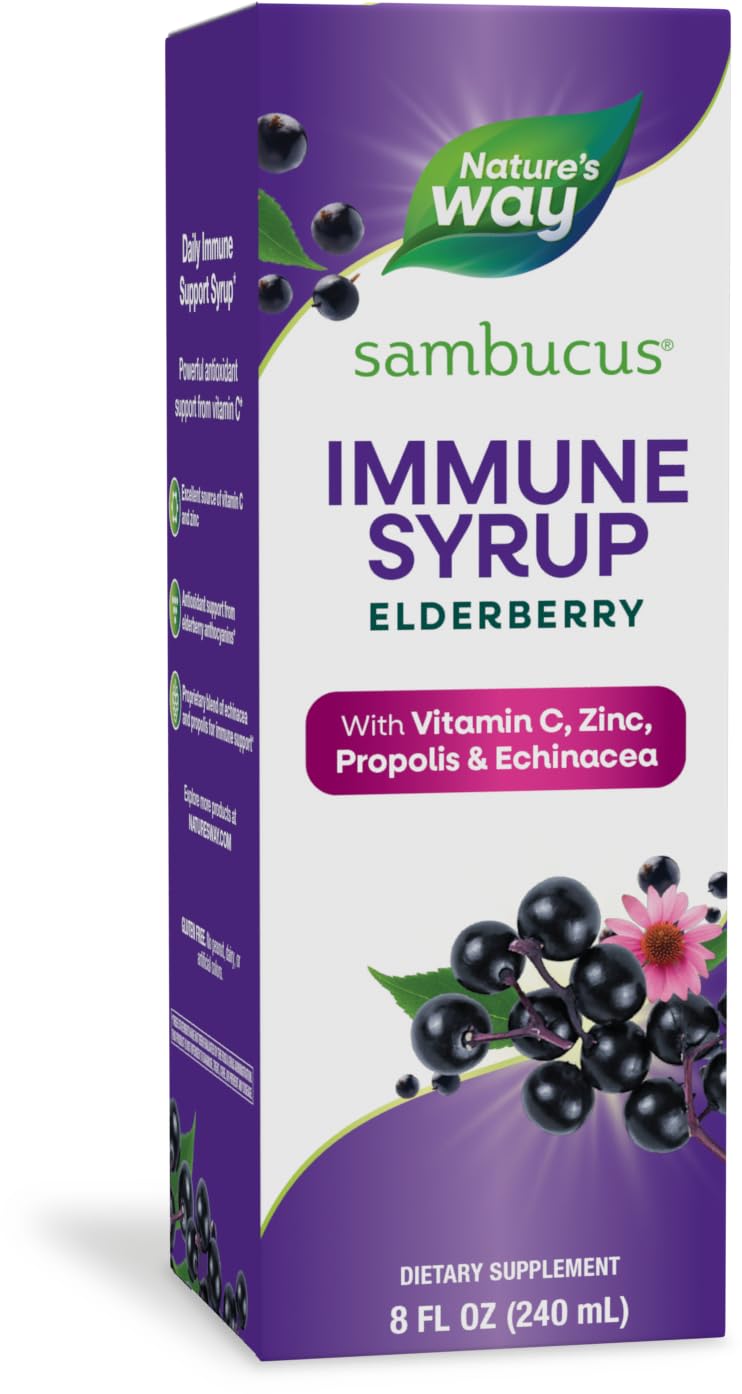 Nature's Way Sambucus Elderberry Immune Syrup, Daily Immune Support*, Black Elderberry Extract, Vitamin C, Zinc, Echinacea, Propolis, 8 Fl Oz (Packaging May Vary)