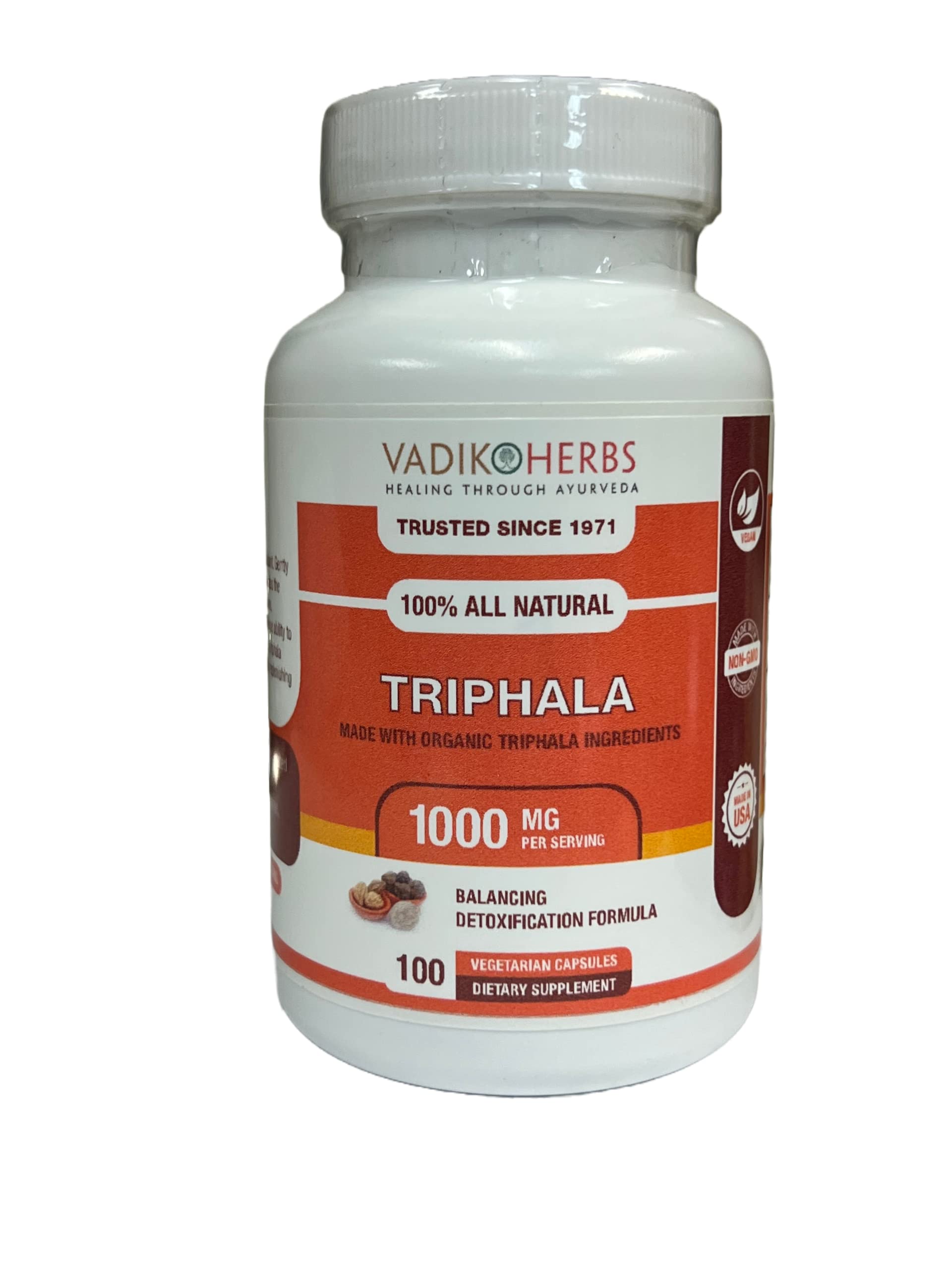 Vadik Herbs Triphala (Trifala) Powder Organic 100 Veg Capsules Immune System Support Supplements